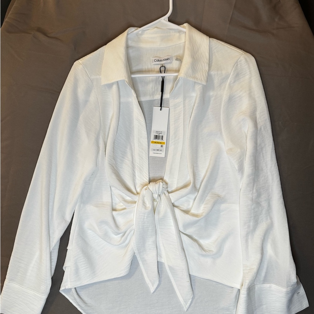 Calvin Klein Women's Tie Front Blouse Medium Ivory Long Sleeve NWT - Picture 6 of 10